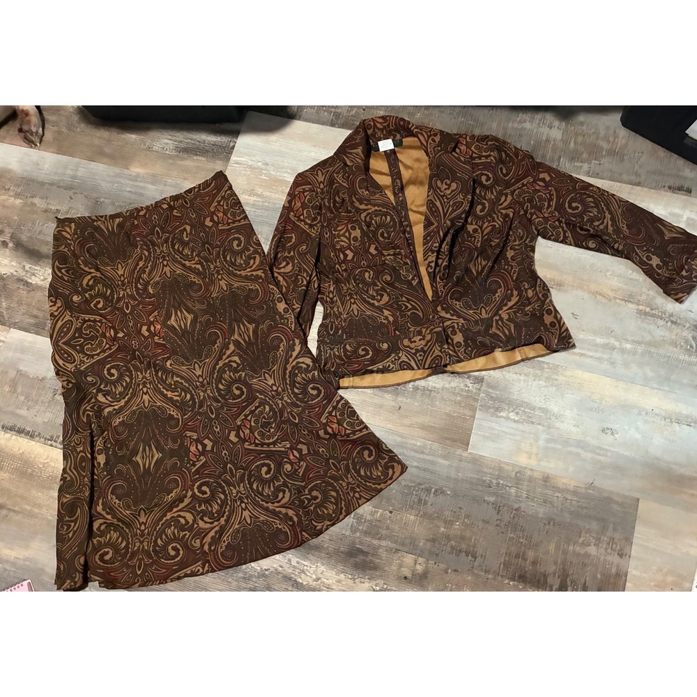 Harve Bernard Brown Paisley Skirt Suit Set Blazer & A-Line Skirt Women